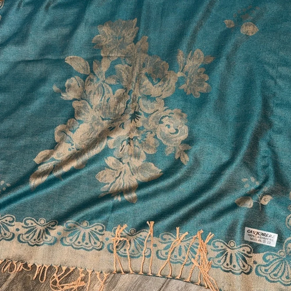 Cashmere Teal and Gold Floral Scarf with Fringe